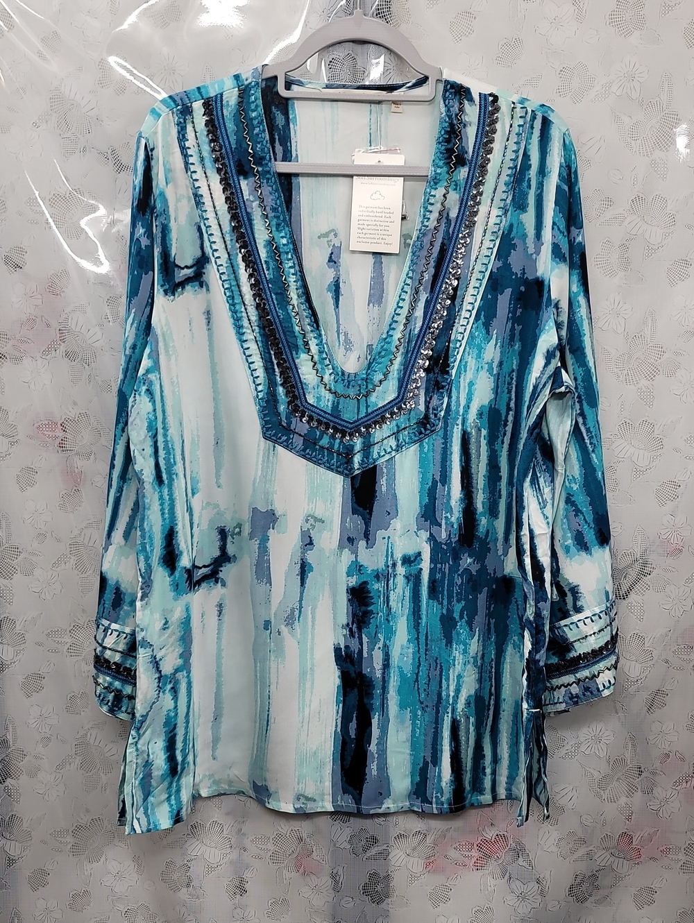 Soft Surroundings Nwt Teal & Navy Watercolor V-Neck Tunic Size Large